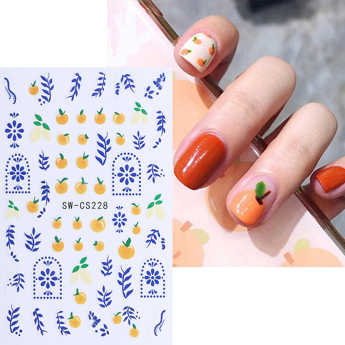 Summer Nail Art Stickers 3D Self-Adhesive Nail Decals Lemon Strawberry Blueberry Stickers for Nails Designs Cute Fruit Manicure Supplies for Women DIY Nail Art Decorations, 5 Sheets
