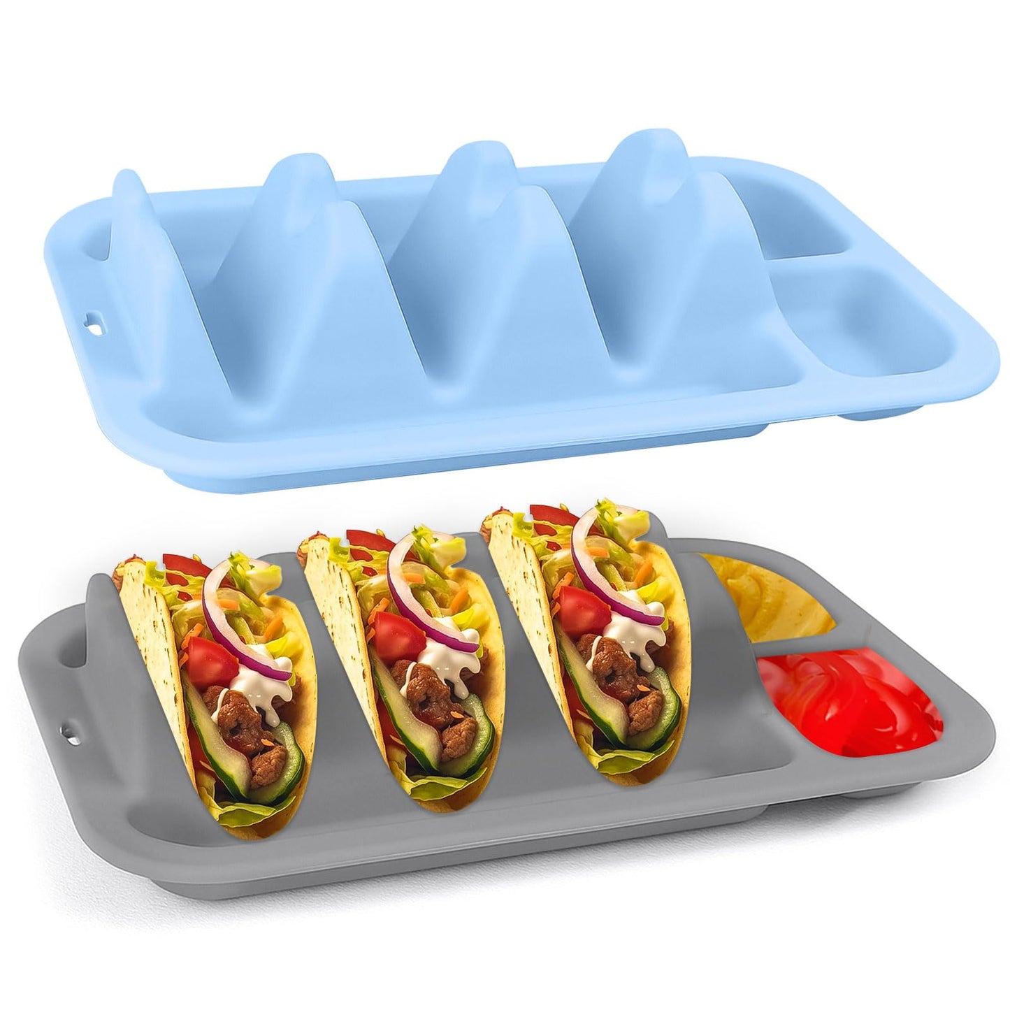Silicone Taco Plates Holder Set of 2 - Reusable Taco Plates with Dividers & Dip Bowls, Holds 3 Tacos Stand | Microwave & Dishwasher Safe, Heavy Duty Non-slip Taco Tray Stands for Hard/Soft Shells
