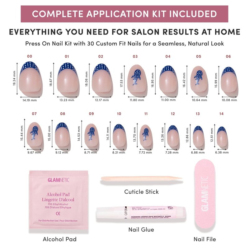 Glamnetic Press On Nails - Short Oval Fake Nails with Blue French Tips, Polka Dots & Whale Accents | Salon Quality Summer Nails | Whale Waves | 15 Sizes - 30 Nail Kit with Glue
