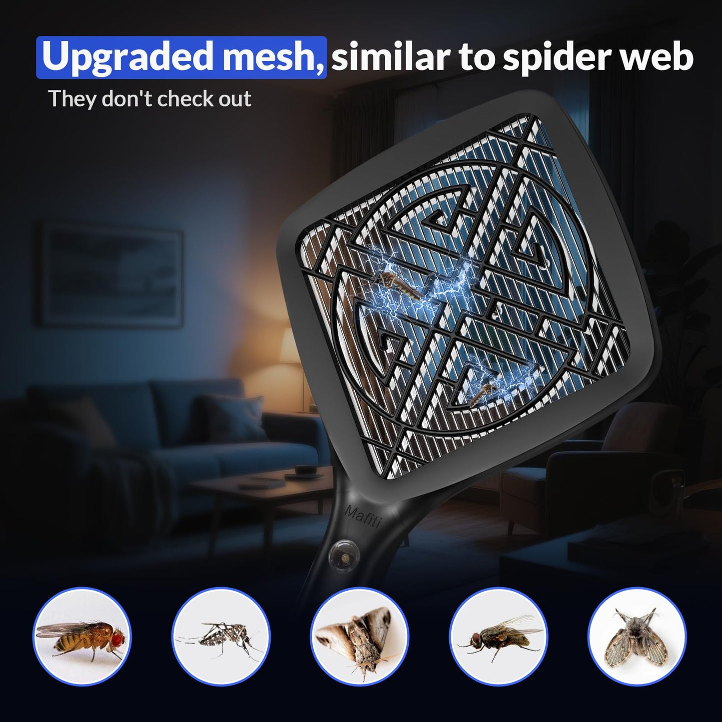 Mafiti Bug Zapper 3000V Mini Electric Fly Swatter with LED Light,Bug Zapper Indoor with Safety Grid for Home,Kitchen&Outdoor Camping-AA Battery Powered (not incl.)