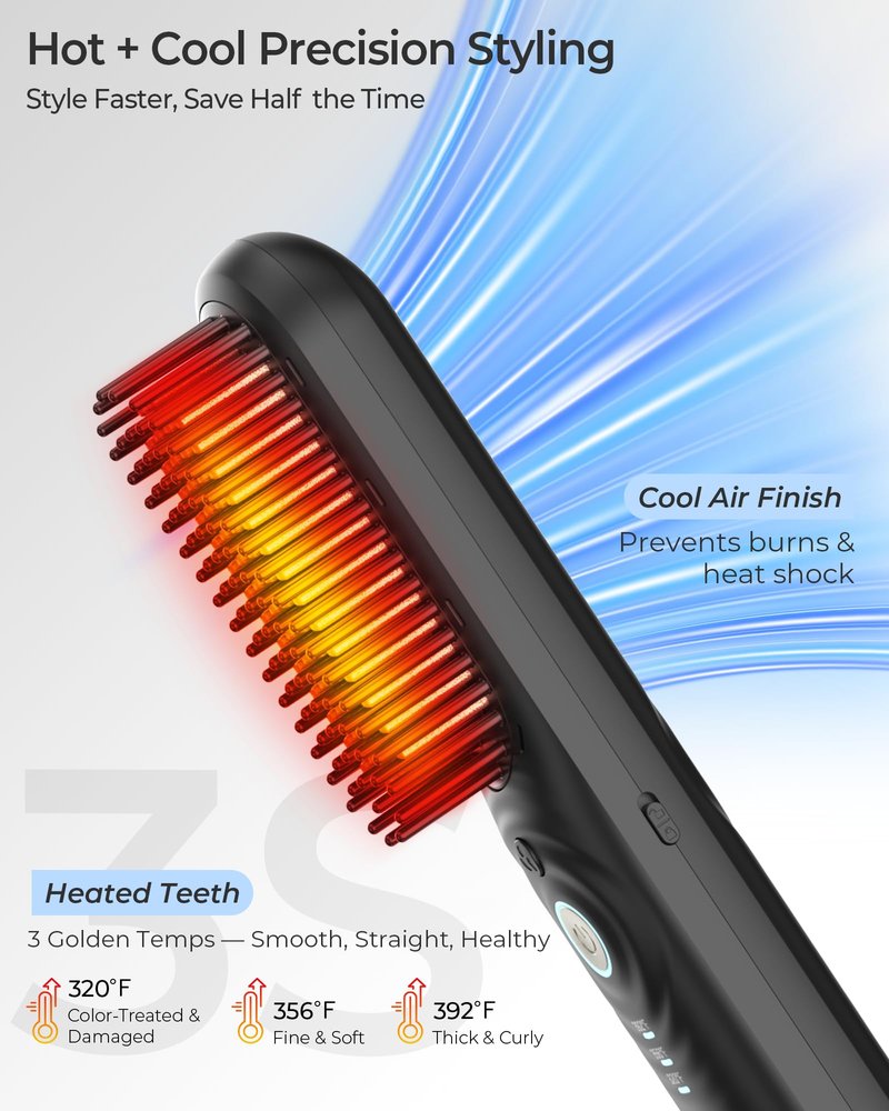 CONLWIN Cordless Hair Straightener Brush with Cool Air Long-Lasting Style, Portable Mini Travel Hair Straightener for Thick Curly Hair, 350M Negative Ions for Frizz-Free, Fast Heating, Gift for Women