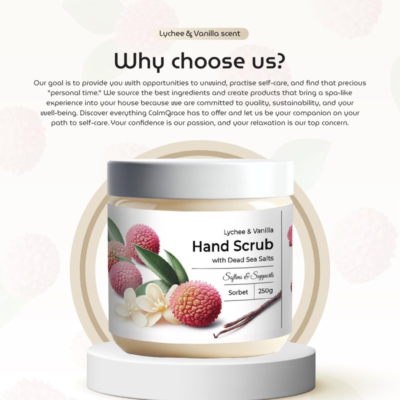 CalmGrace Exfoliating Hand Scrub with Dead Sea Salts, Lychee & Vanilla Scent | Hand Scrub Exfoliator in Sorbet Texture, Body Care Moisturizer | Fortified with Aloe Vera, Coconut Oil, Vitamin C