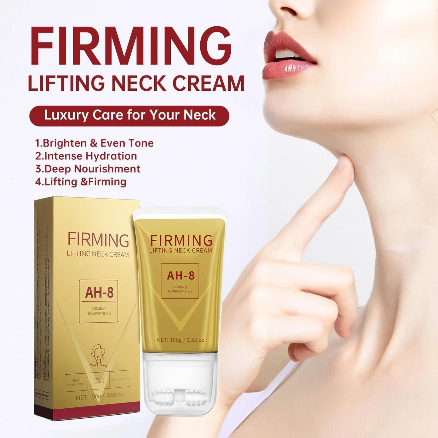 Mtmult AH-8 Firming Neck Cream - Anti-Aging Neck Tightening Cream with Roller Applicator - Reduces Sagging Skin & Fine Lines - Hydrating for Dry Winter Skin - For Women & Men (2PC)