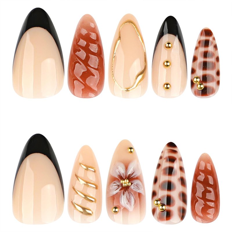 Mivota Brown Soft Gel Press On Nails 24PCS – Mixed Texture Almond Fake Nails with 3D Flower Design, Gold Edge & Snake Pattern, Glossy Reusable Glue On Nails for Women, Trendy Fall Nail Tips