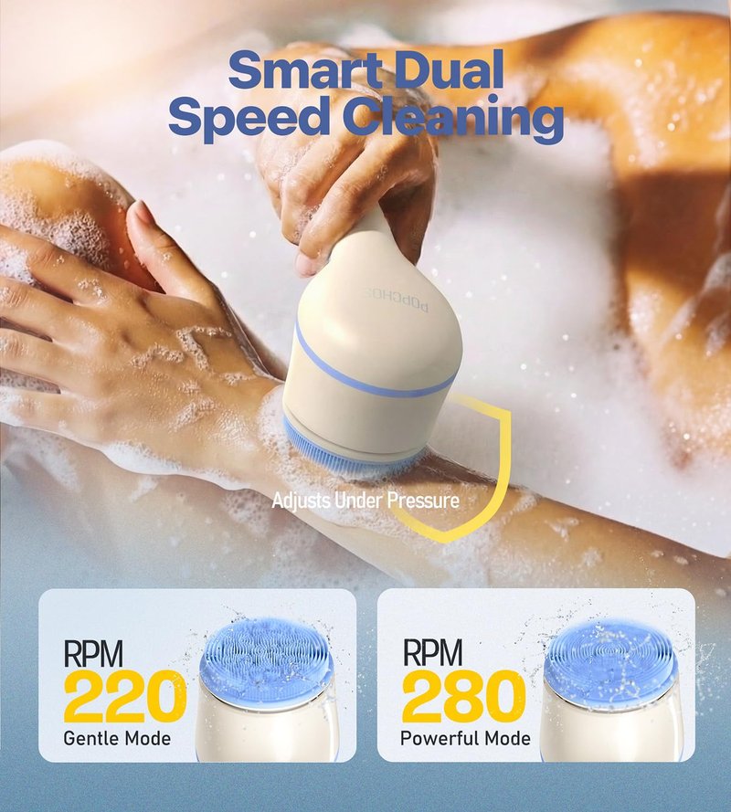 Electric Body Brush Back Scrubber for Shower, Waterproof Long Handle Body Scrubber Bath Brush with 5 Heads, Rechargeable Body Scrub Brush, 2 Speeds for Cleansing, Exfoliating and Massage (White)