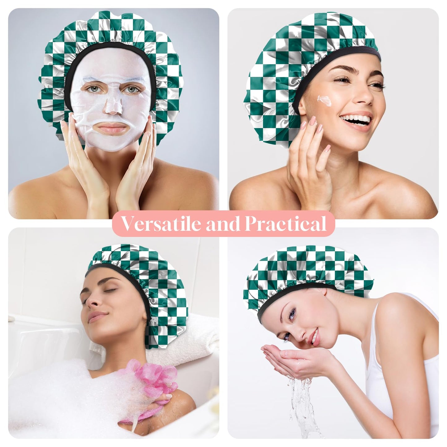 Zewurtuw Luxury Shower Cap Terry Cloth Lined EVA Waterproof Reusable Triple Layer Elastic Hair Bath Caps for Women Girls Cute-Green Checkered
