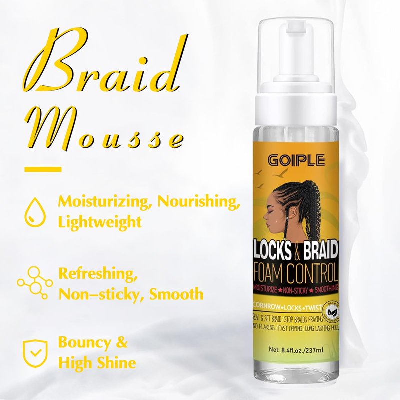 Braid Foam Control Braid Mousse for Braids Twist, Locs, No Flake Extra Hold High Shine Style and Moisturizes, Hair Braiding Mousse for Braids Lightweight Easy to Apply 8fl oz