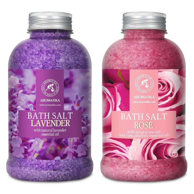 Bath Sea Salt Set 2х21.16Oz - Lavander & Rose - Lavender Essential Oil - Natural Rosewood Oil & Rose Extract - Aromatherapy - Relaxing - Body Care - Beauty
