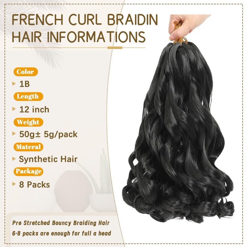 French Curl Braiding Hair - 12 Inch Pre-Stretched Synthetic Curly Extensions for Braids | 8 Packs for Black Women