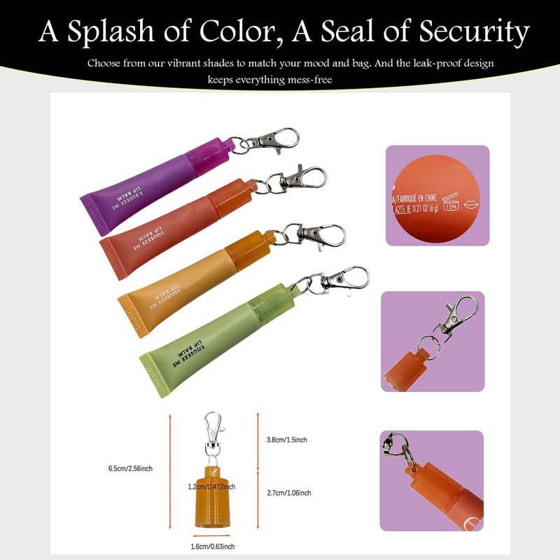 【4-Pack】Keychain Caps for e.l.f. Squeeze Me Lip Balm 0.21 oz, Portable Replacement Cover Holder, Leak-Proof Design, Never Lose Your Lip Gloss Again