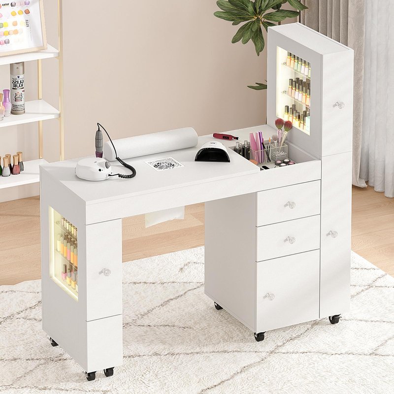 Manicure Table for Nail Tech w/ LED Light Display Cabinet, Nail Desk with Lockable Wheels, Dust Collector, Drawers, Wrist Rest, Acetone-Resistant, for Beauty Salon, Spa & Home Workstation (White)