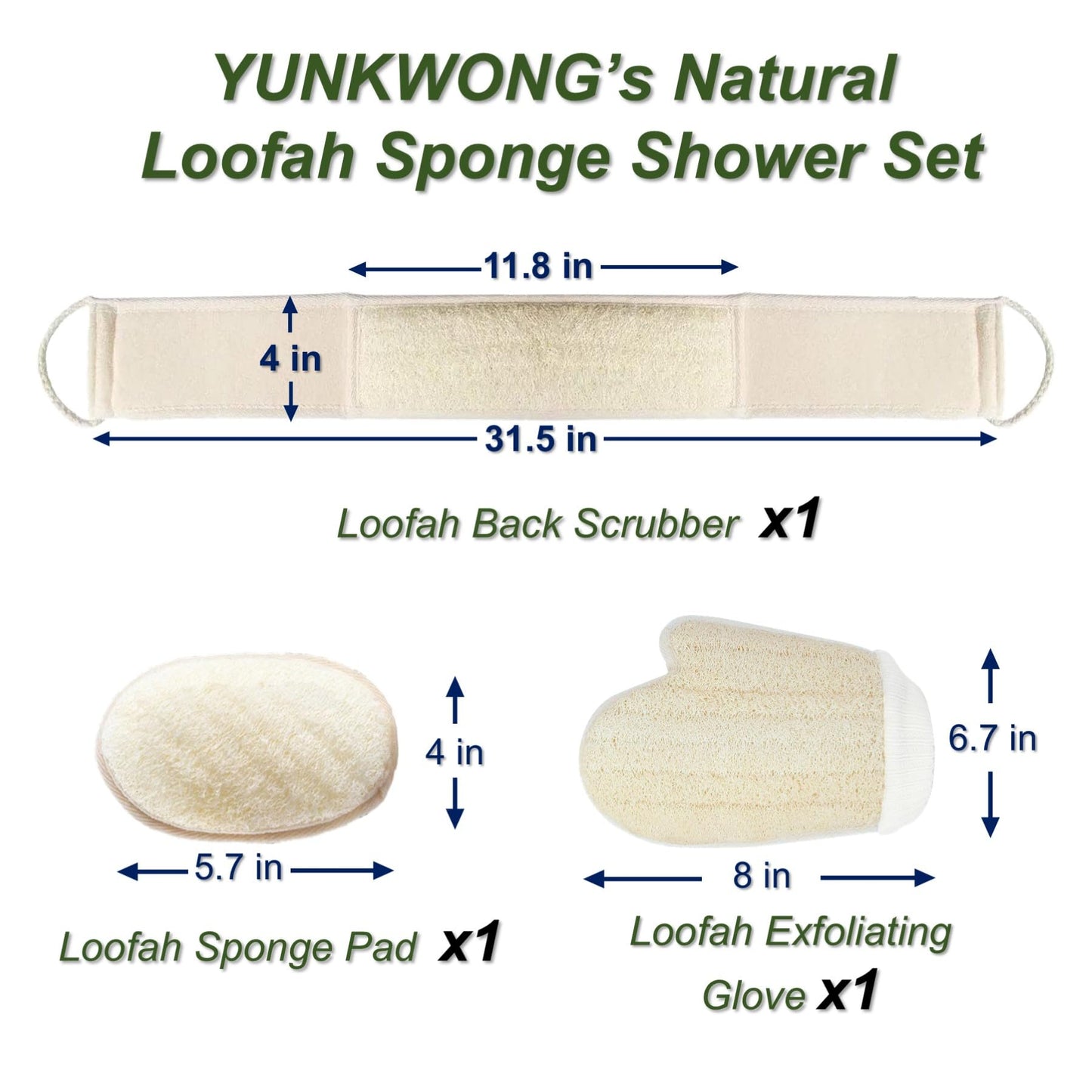 YUNKWONG Natural Loofah Sponge, Exfoliating Body Scrubber for Men Women, Loofah with Handle, Exfoliating Back Scrubber for Shower Set, Deeply Clean & Invigorate Your Skin (3 pcs in Box)