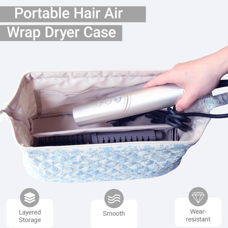 Quilted Hair Tools Travel Bag Compatible with Dyson Hair Dryer Airwrap, Floral Hair Tools Bag Compatible with Shark Flex Style Case, Hair Dryer, Curling Iron, Dustproof Travel Storage Organizer (Blue)