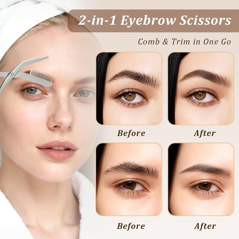 Skiennix Eyebrow Trimming Scissors Set - Includes Comb & Spiral Brush, Perfect Gift for All (Gray)