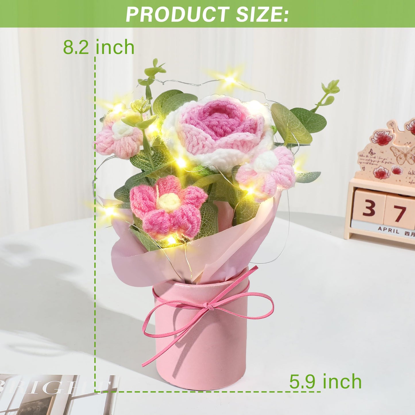 Vynora Crochet Daisy Flowers Bouquet, Valentine's Day Handmade Daisy Artificial Flowers with Card for Mother's Day, Birthday, Wedding, Home Decor, Teacher's Day, Grandma Bday Gift (Pink)