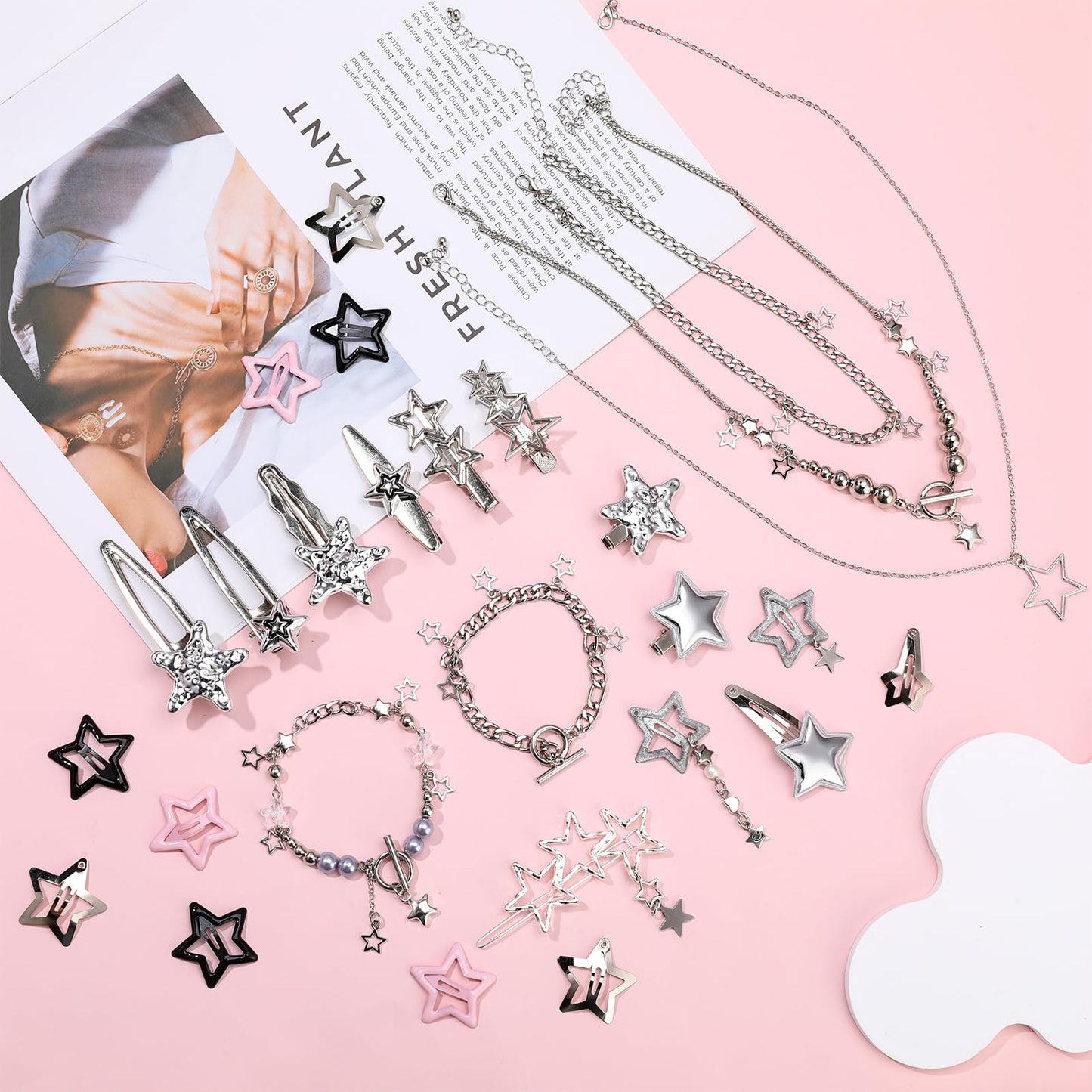 ZhouBoat 45PCS Y2K Hair Clips for Women Girls Star Barrettes Necklace Bracelets Set Kawaii Retro 2000s Hair Accessories Festival Rave Grunge Aesthetic