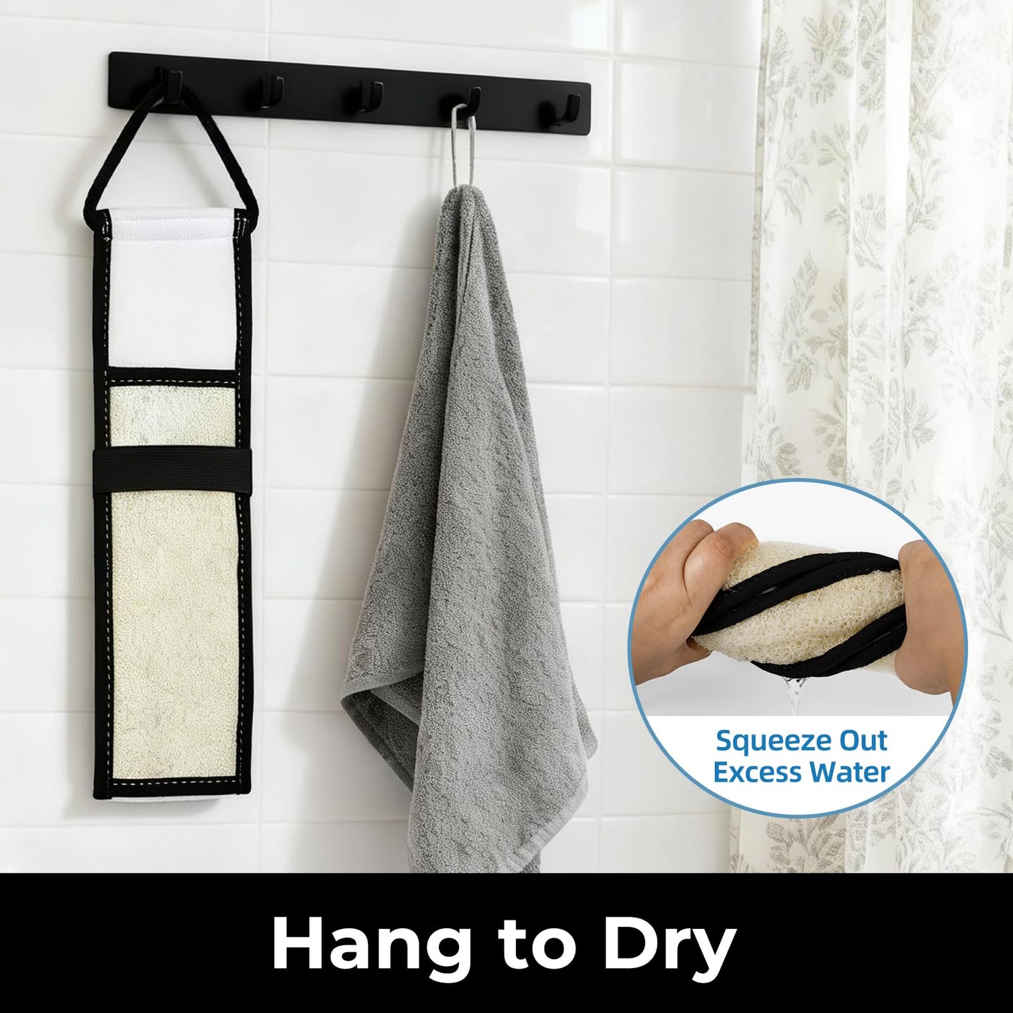 Natural Loofah Back Scrubber, Double-Sided Exfoliating Body Scrubber with Handy Strap for Deep Cleaning, Durable Bath Shower Luffa Sponges for Men and Women (Black)