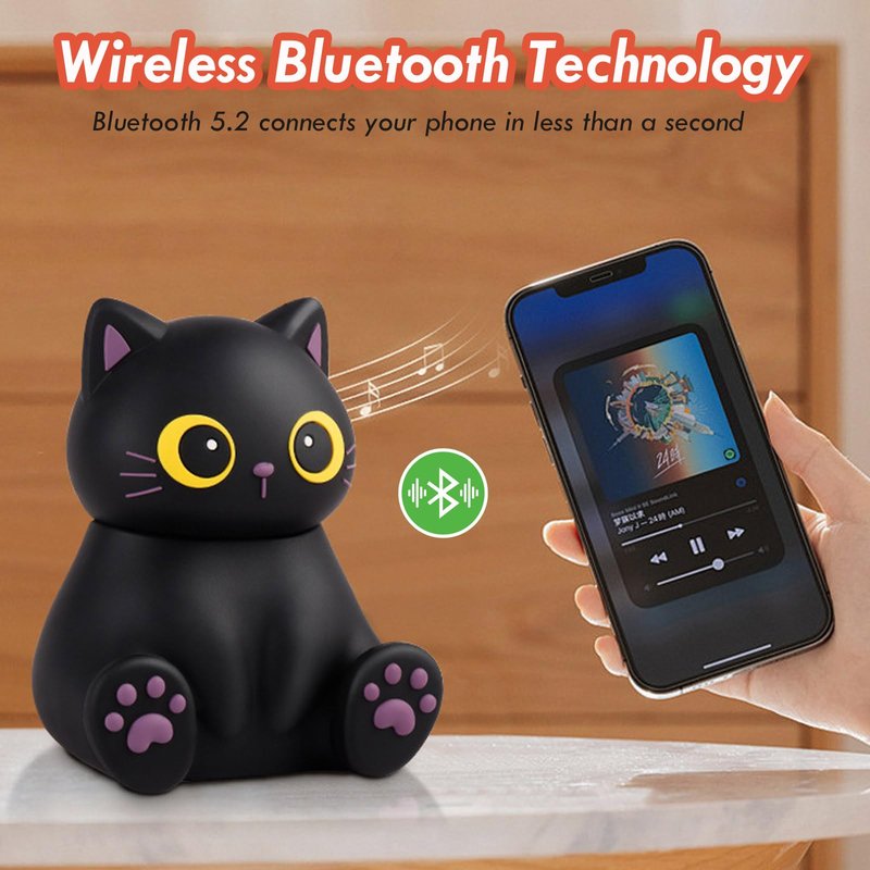 Portable Mini Cartoon Bluetooth Speaker with Phone Holder Mini Animal Cute Kids Wiressless Speaker Built-in Mic, Hands-Free Call for Home Trip Gift (Black-Cat)