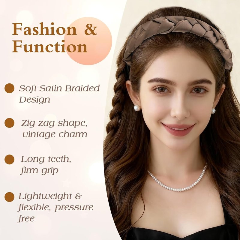 Auseibeely Zig Zag Headbands for Women - Non-Slip Satin Braided Hair Accessories | 3 Pcs Set