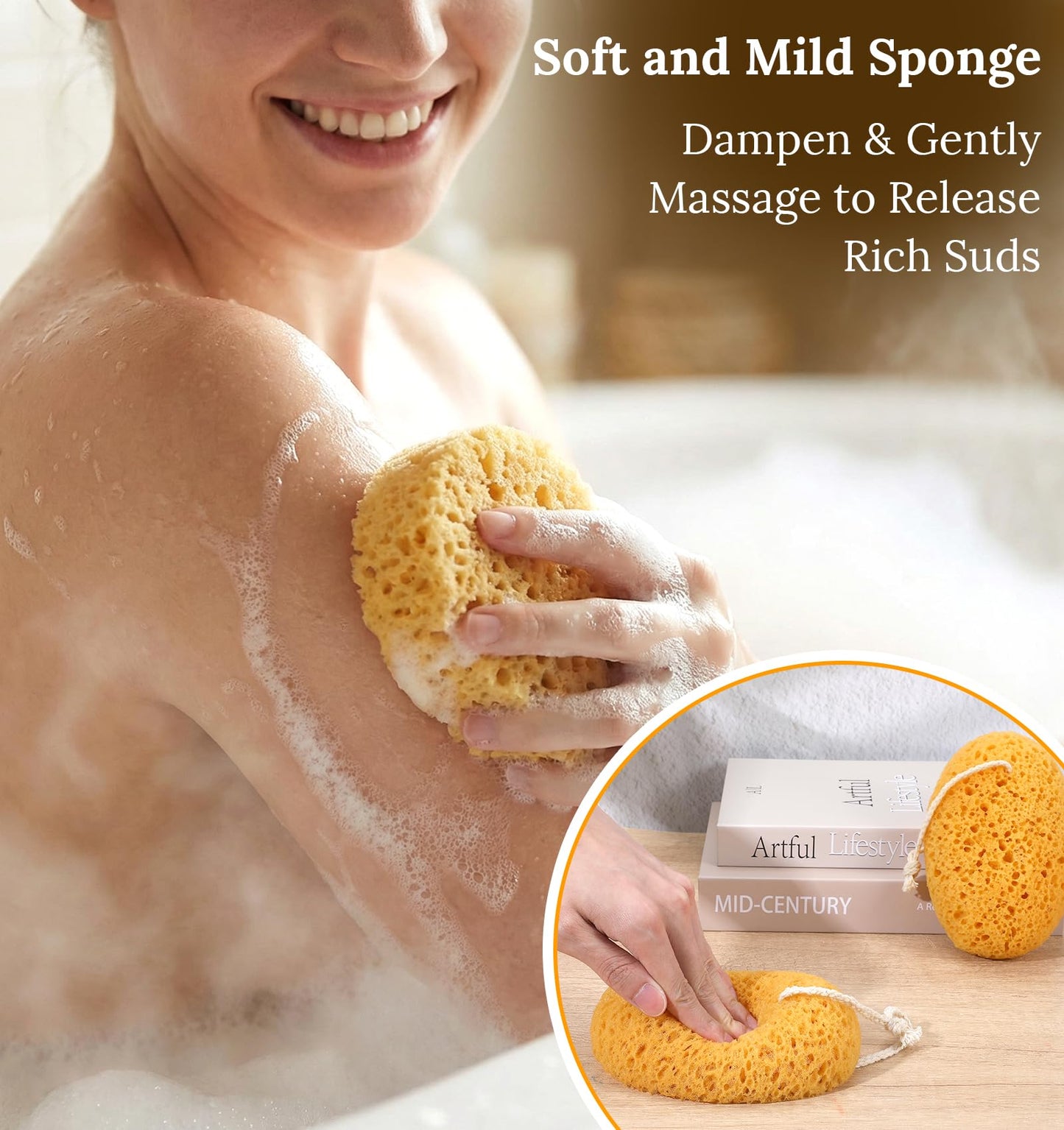 2PCS Exfoliating Bath Sponge, Large Natural Bath Sponge for Men & Women, Exfoliating Foam Puff with Dense Foam for Gentle & Deep Cleansing, Ultra-Soft for Sensitive Dry Skin (5.9 * 3.9 inch)