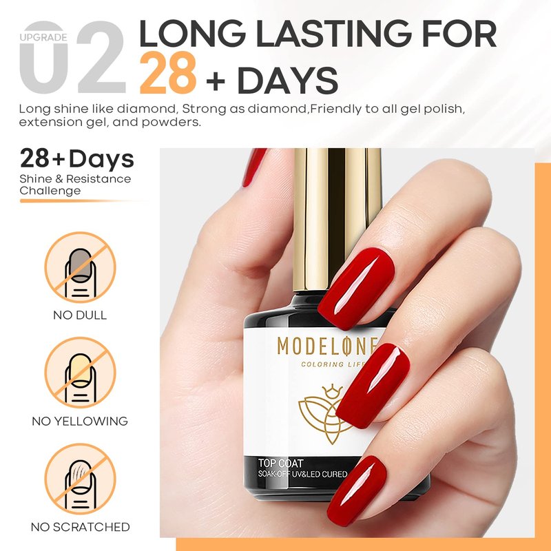 modelones Gel Nail Polish Top Base Coat, 2 PCS Clear High Glossy No Wipe Long Lasting Soak Off Home Salon DIY Manicure Gift for Women