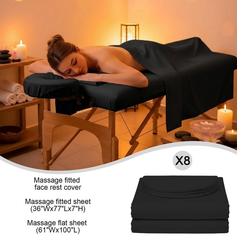 Oudain 8 Sets Soft Microfiber Massage Table Sheets Set 3 Piece Set Includes Massage Table Cover Fitted Sheet and Face Rest Cover(Black)
