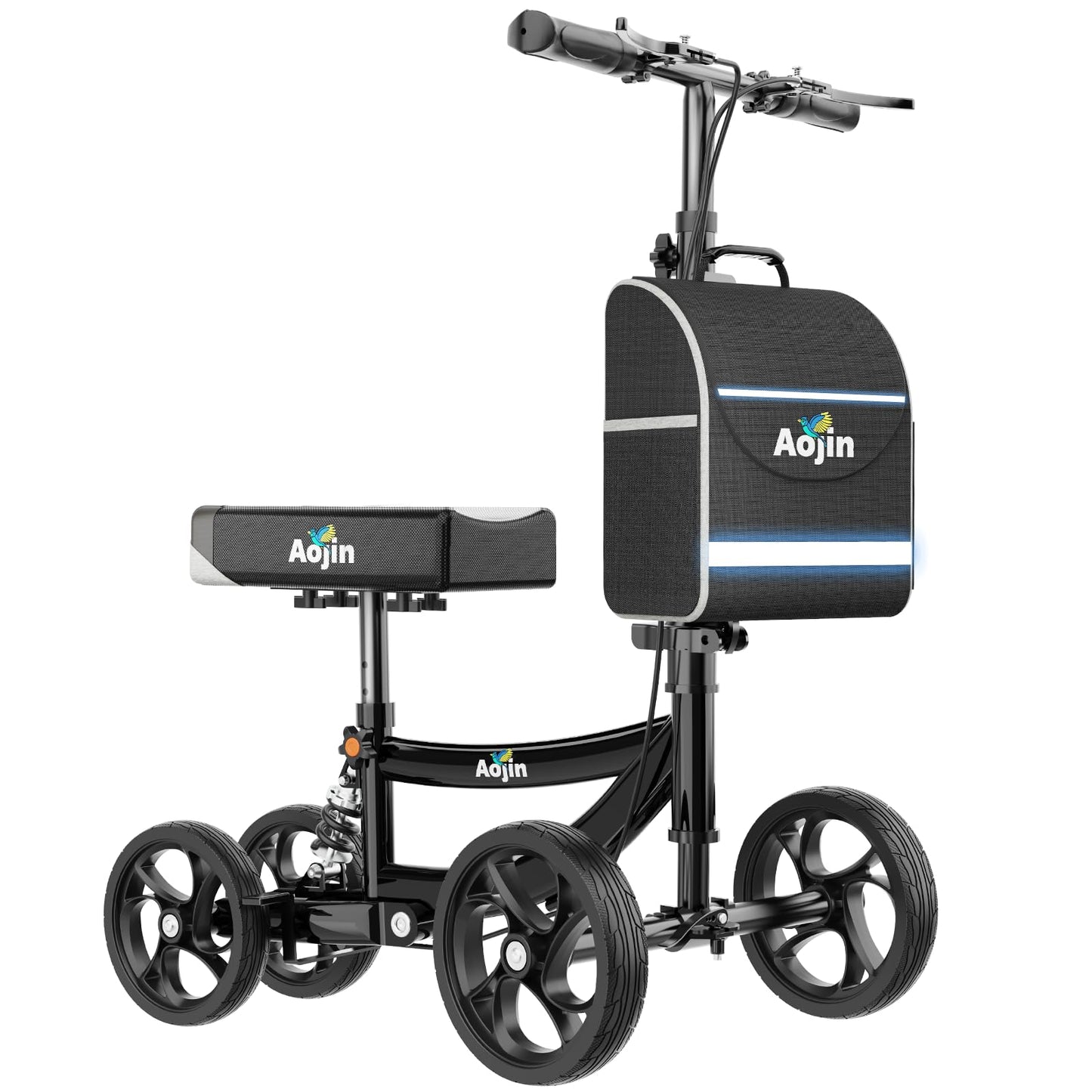 Aojin Knee Scooter for Adults for FootInjuries, 300lbs Capacity, All Terrain Foldable Knee Scooter Walker with Bag, 13" Wide Pu Seat, Compact Crutches Alternative (Black)