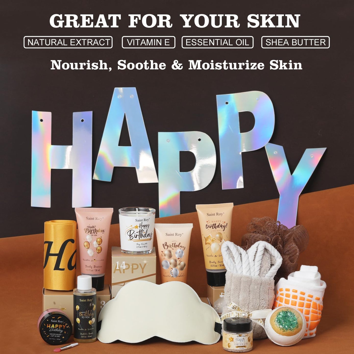 Large basket 25 pcs for Women & Men Gifts, Vanilla Honey & Almond Bath & Body Gift Basket, Face Skin Care Kit, Home Spa Gift Set, Self-Care Kit, Necklace, Birthday, Christmas, Mother Day, Anniversary