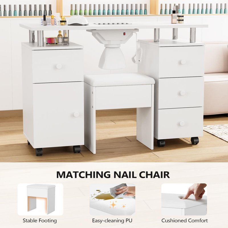 OmySalon Nail Desk and Chair Set, with Stool, Dust Collector, Arm Rest & Wheels, Acetone Resistant Desktop, Manicure Table Nail Table Station for Nail Tech w/Drawers Storage (White)