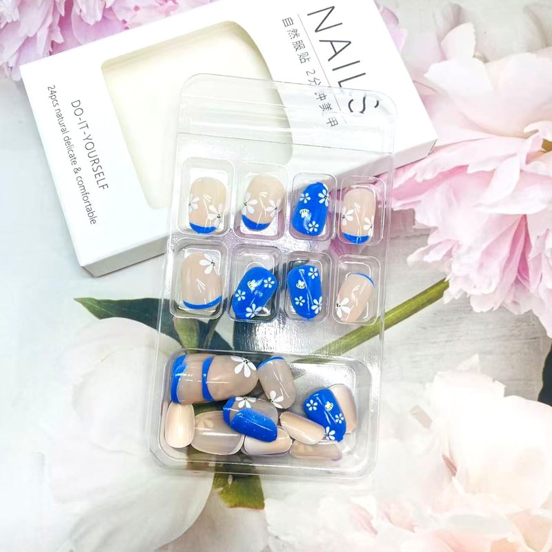 Skiennix Blue French Tip Press-On Nails - Short Almond Floral Design | Reusable Glossy Acrylic for Women