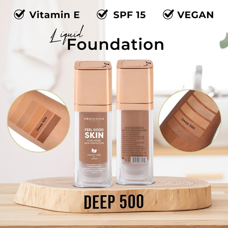 Profusion Cosmetics Feel Good Skin Foundation – Radiant Satin Finish, Buildable Coverage with SPF 15 Sun Protection, Hydrating, Lightweight, Vegan & Cruelty-Free Makeup (Deep 500, 1)