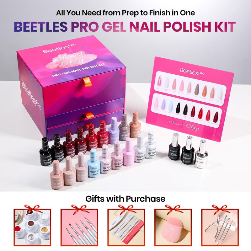Beetles PRO Summer Gel Polish - Almost Okay Collection, 18 Colors 15ml Salon Polish Set with Base Coat, Glossy & Matte Top Coats, 6 Painting Gel For Nails Tools, UV Nail Lamp Cure Needed