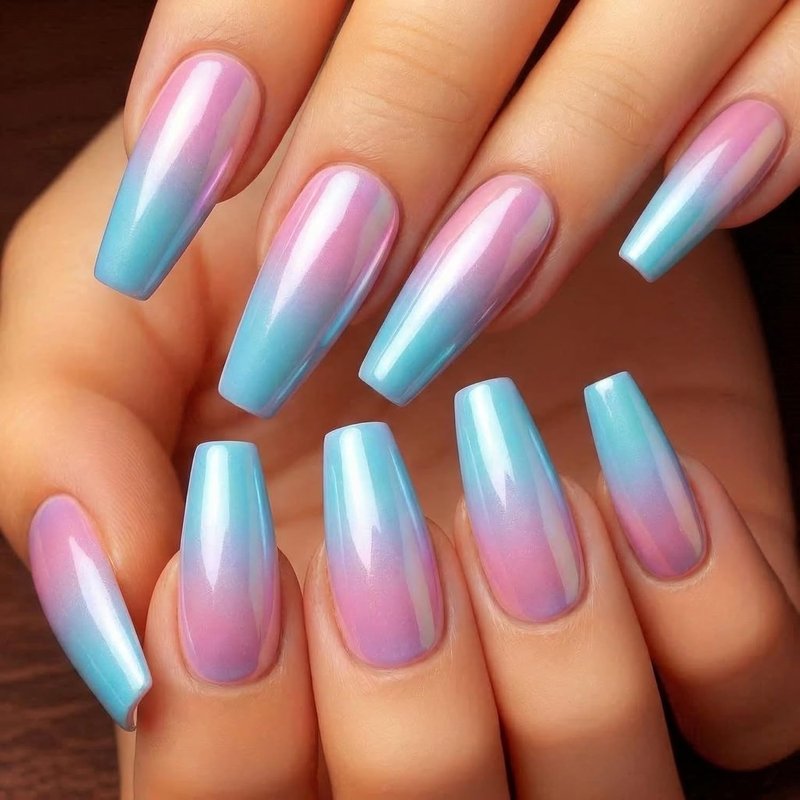 Pink Blue Gradient Press-On Nails - Glossy Long Coffin Acrylic | 24 Pcs Reusable Full Cover for Summer Beach Wear