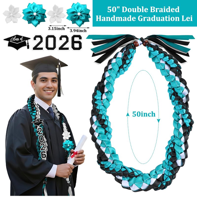 Lyrow Dark Teal Black 50'' 2026 Graduation Lei Double Braided Strands Graduation Ribbon Leis with 4 Satin Flowers Congrats Graduates Money Leis Class of 2026 Gift for Men Women