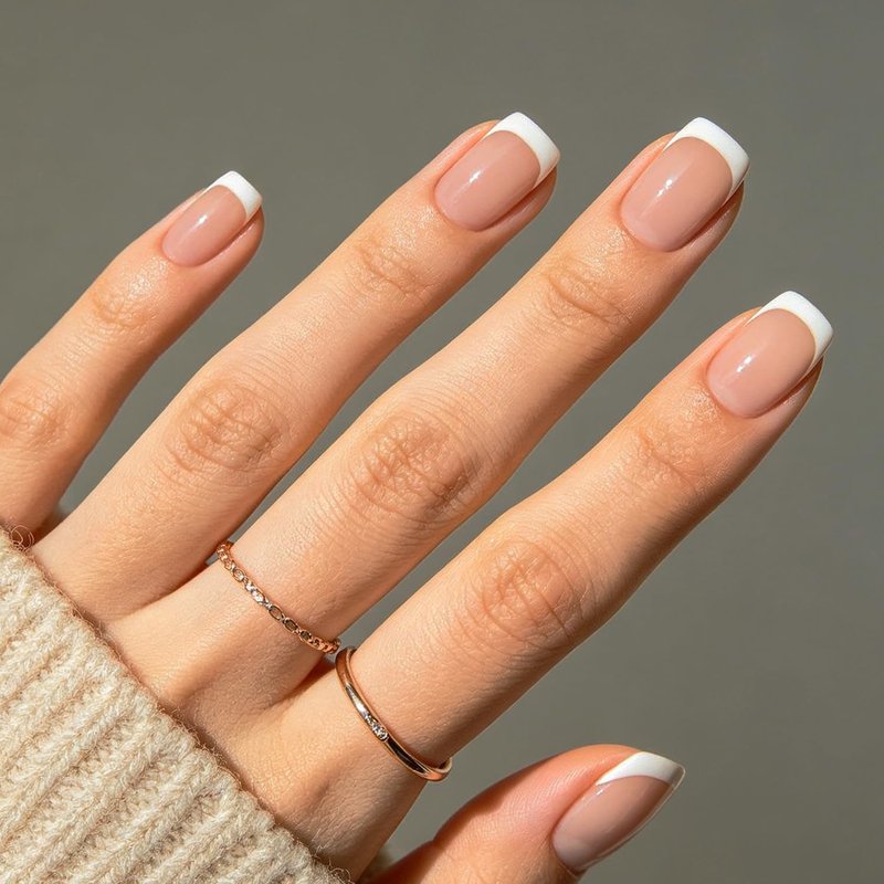 Modelones French Tips Press on Nails, Summer Pink White Short Square Fake Nails, Reusable Nail Kit with Nail Glue Adhesive Tabs Mini Nail File, Nails Press Ons 32Pcs 16 Sizes, Women Girl Gift