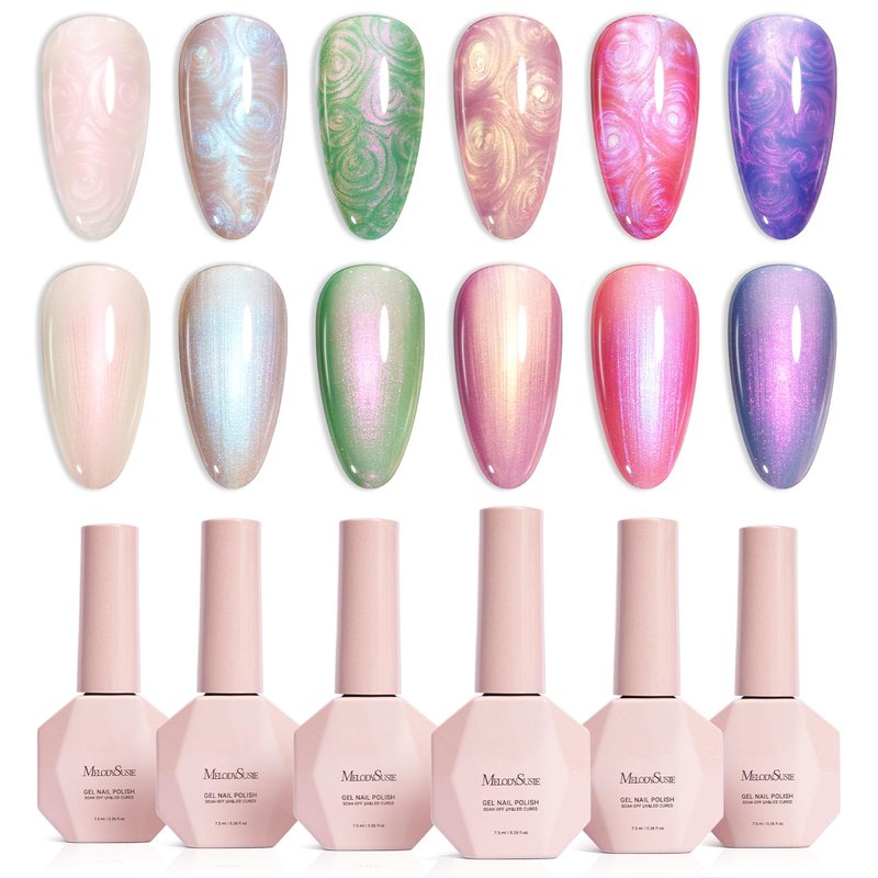 MelodySusie Pearl Gel Nail Polish Set, 6 Colors Aurora Shimmer White Green Pink Purple Blue Iridescent Mermaid Drawing Glitter Gel Polish Soak Off Swirl Shell Thread Effect Nail Art Gifts for Women