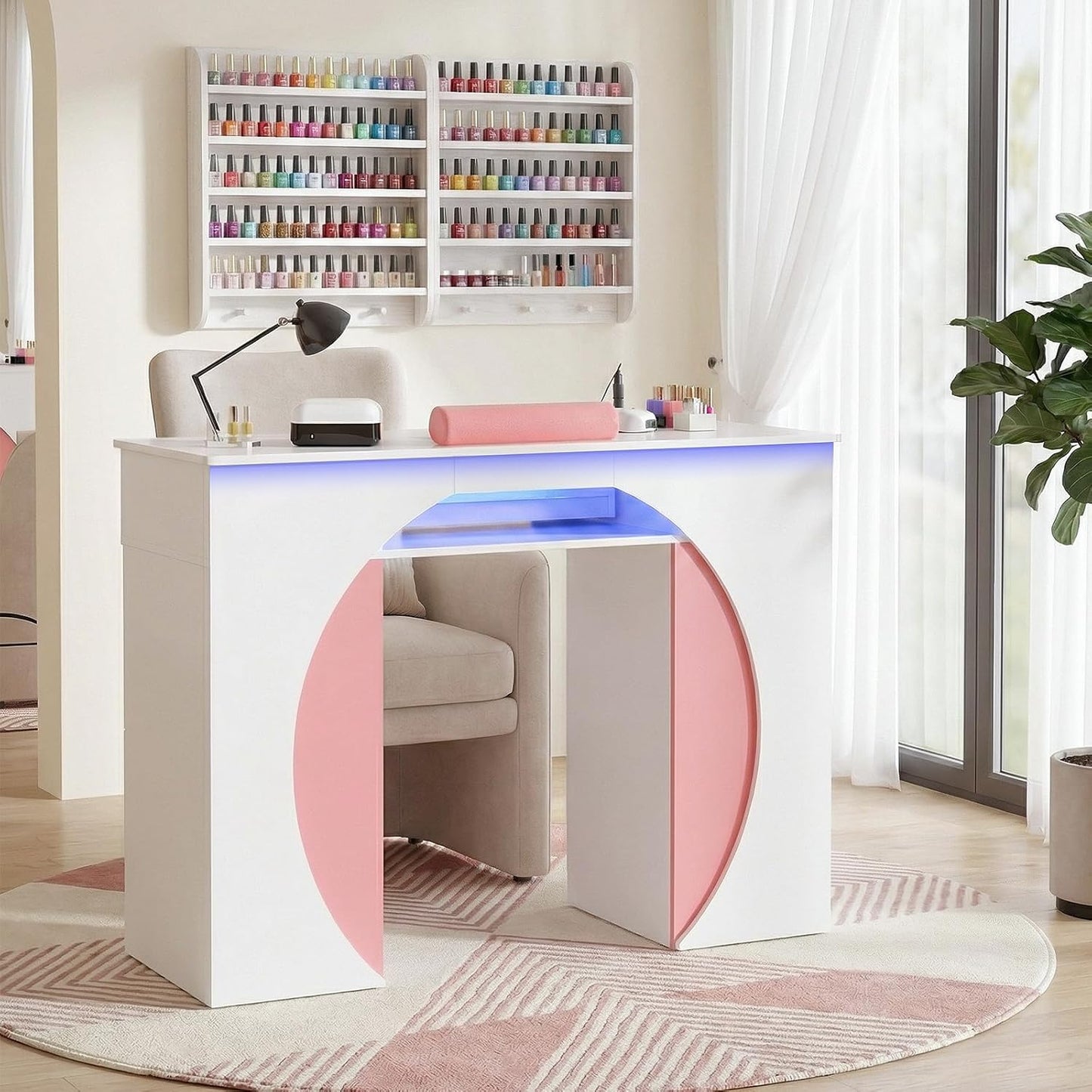 Skiennix Nail Desk - Professional Manicure Table with Dust Collector & LED Lights | White & Pink Accent