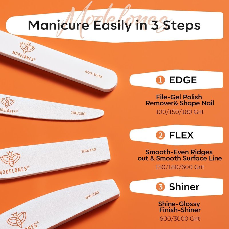 Modelones Nail Files and Nail Buffers Blocks 4 PCS, Double Side Trimed & Shaped Emery Board 100/150/180 Grits 600/3000 Nail Shine Polishing Stick, Reusable Washable Anti-bend Anti-drop Particles White