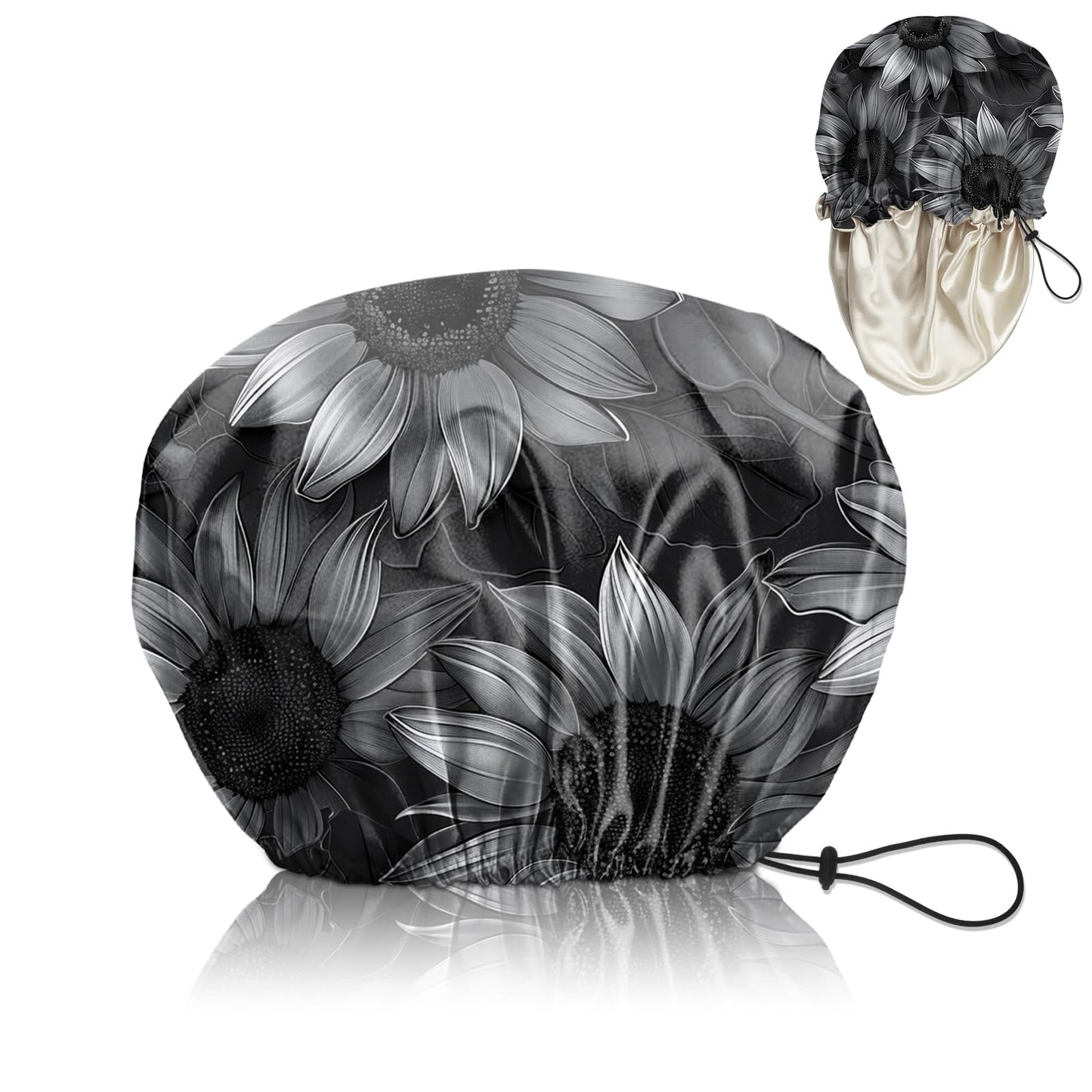 Cabreche Luxury Shower Cap Satin Silk Lined Adjustable Elastic Reusable Waterproof Shower Bath Cap Cute for Women Girls-Black Sunflower