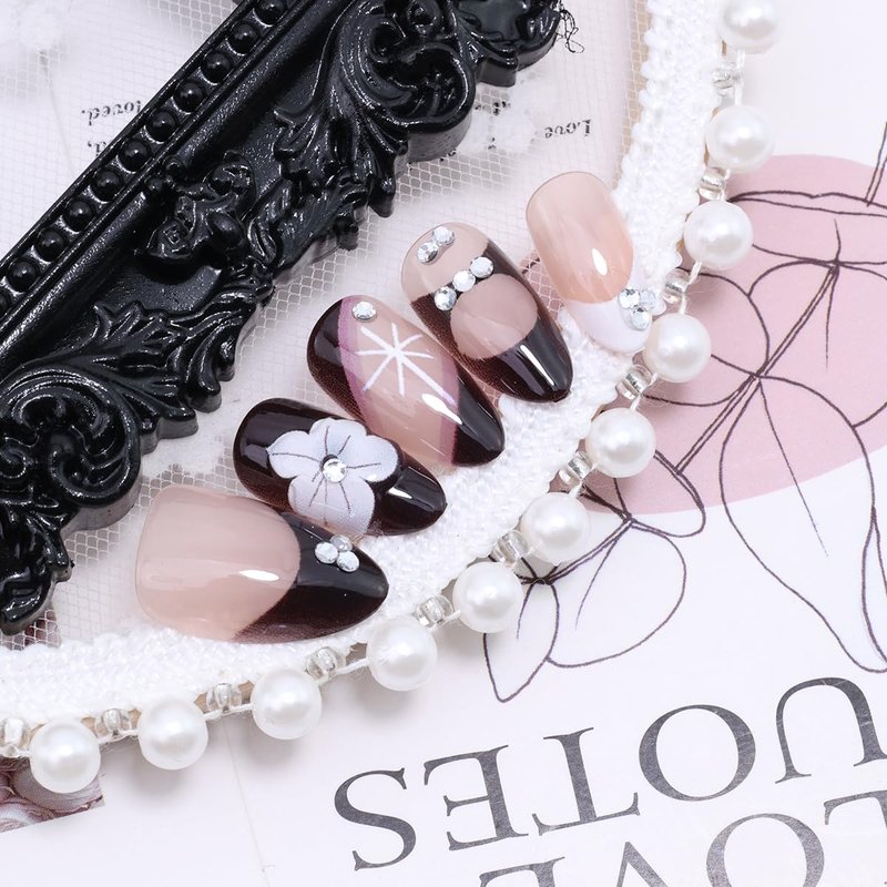 30Pcs Flower Press on Nails Medium Almond Shape Black White French Tip Fake Nails with Rhinestones Designs Glossy Reusable False Nails Acrylic Full Cover Stick on Nails for Women Manicure Tips Set