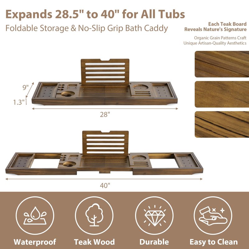 Realgulf Teak Bathtub Tray | Adjustable Width Tray with Wine Holder, Tablet/Phone & Book Stand, Splash-Proof for Bath Time- Walnut