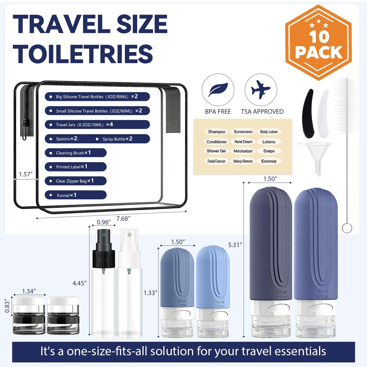 YIIMER Travel Bottles for Toiletries 10 Pack, TSA Approved Travel Size Toiletries Essentials Containers Set, Leak Proof Silicone Bottles Kit, Refillable Liquid & Creams Accessories (BLUE)