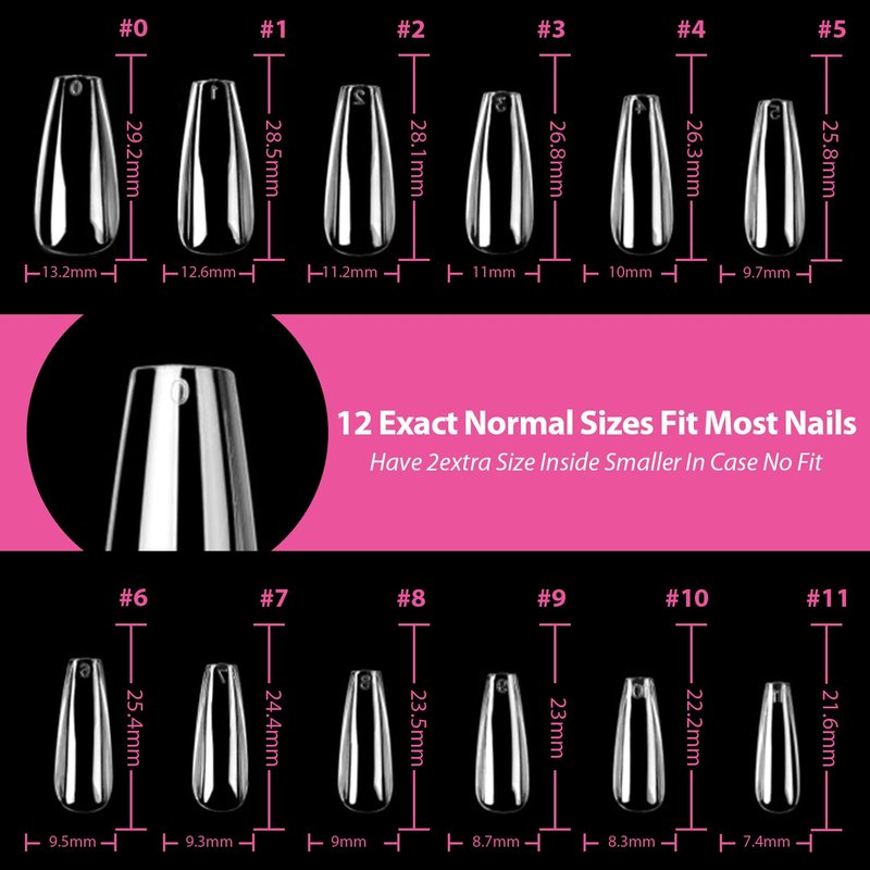 Long Coffin Nail Tips - 504pcs Clear Gel Nail Extensions | Pre-shaped Full Cover Acrylic Press-On Nails in 12 Sizes