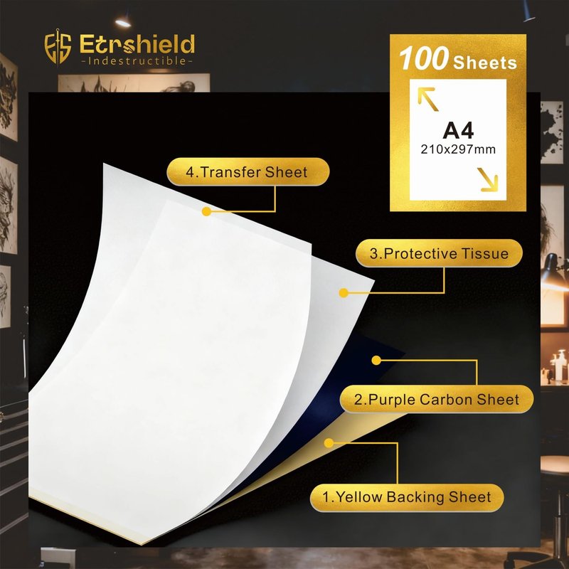 A4 Tattoo Transfer Paper 100 Sheets, 4-Layer Professional Thermal Hectograph Paper for Real & Practice Skin, Compatible with Copier & Thermal Imager for Tattoo Artists Studios