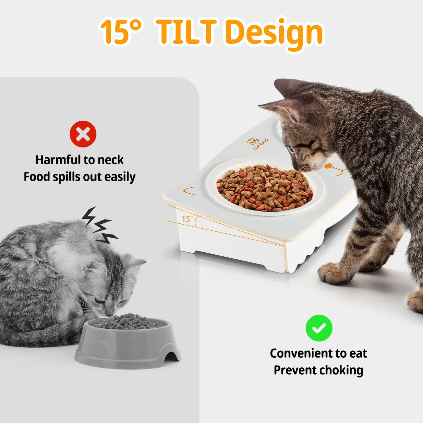 Elevated Cat Bowls, Tilted Raised Cat Food Ceramic Bowls with Stand Pet Bowl Cat Dishes for Food and Water with No-Spill Porcelain Pet Dishes for Cats and Small Dogs