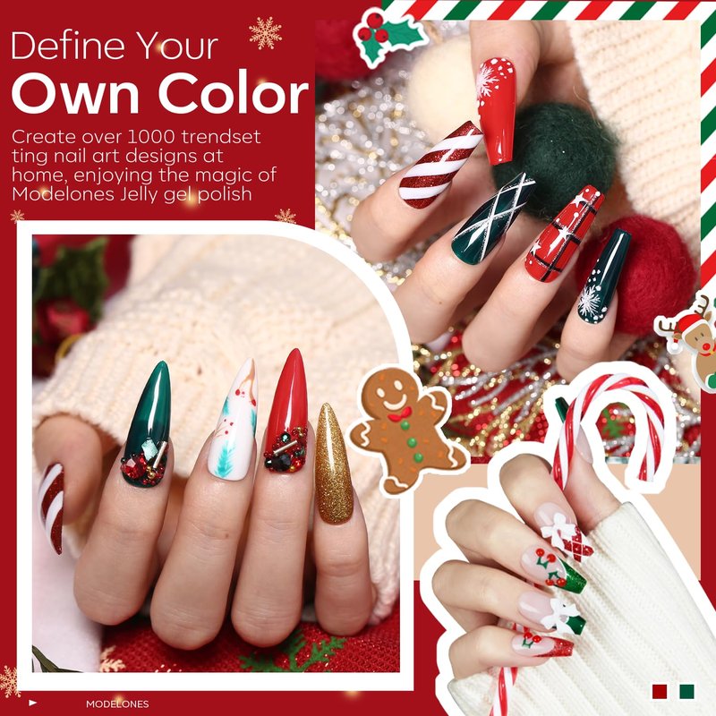 Christmas Gel Nail Polish Set - 6 Colors Winter Red Glitter, Dark Green, White, Gold & Silver | Perfect Gift for Women & Girls