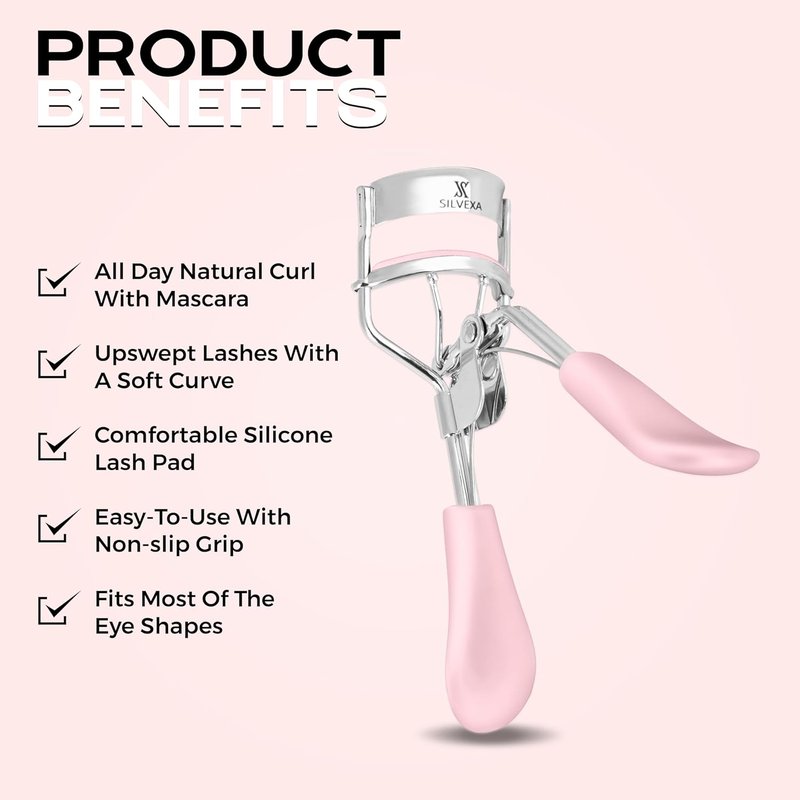 Eyelash Curler - Professional Stainless Steel Lash Curler with Comfort Grip & Silicone Pads | No-Pinch Design for All Eye Shapes (Pink)