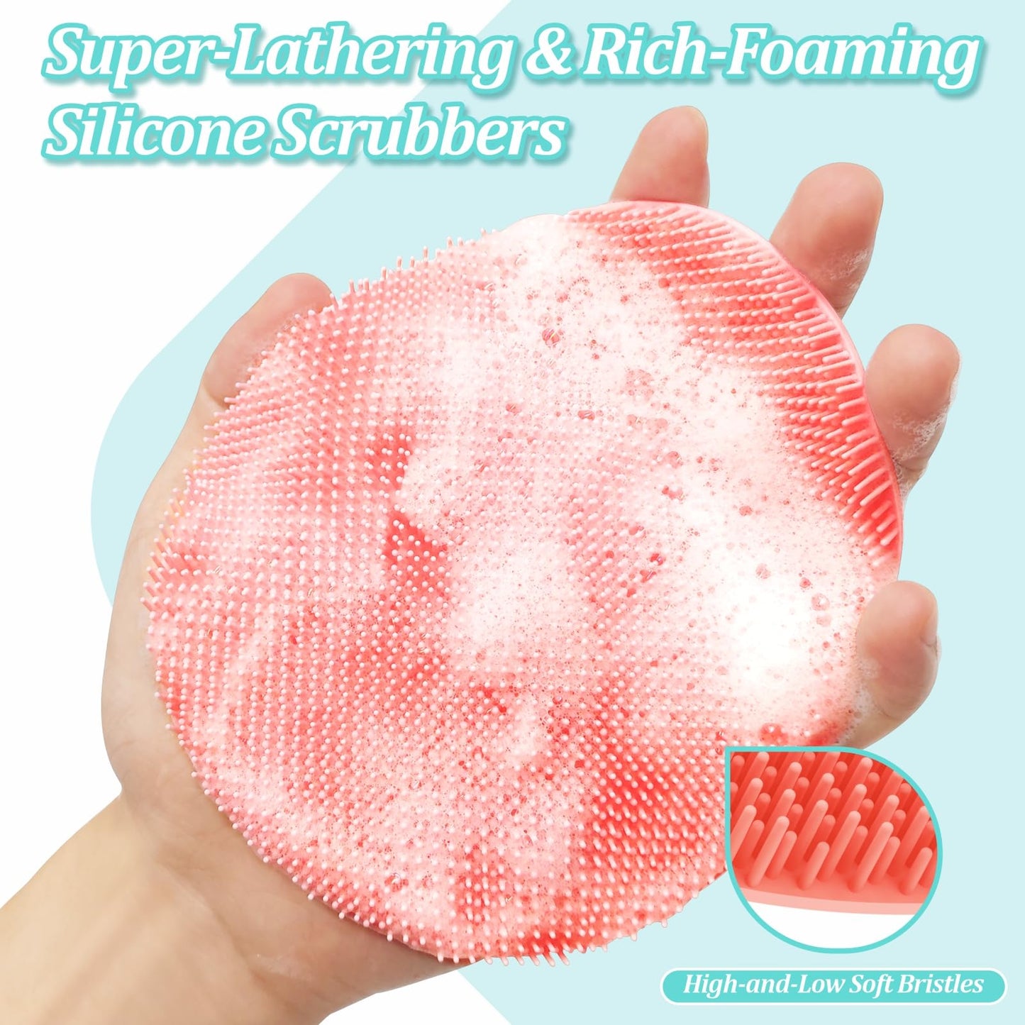 GEENOA Silicone Back Body Face Scrubbers Set 4PCS, 15.35’’ Back Scrubber Soft Body Scrubber for Dual-Side Usage, Easy-to-Hold Soft Bath Glove & Face Scrubber for Good Foaming Deep Cleaning(Pink)