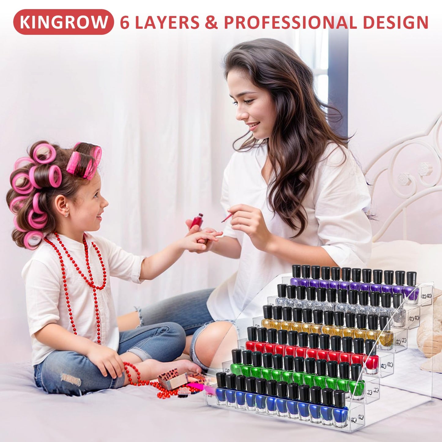 KINGROW Nail Polish Organizer Holder Rack 6 Layers Acrylic Display Shelf For Eyeglasses Essential Oils Ink Storage Holds Up to 96 Bottles (Fit 1-2oz Bottles)