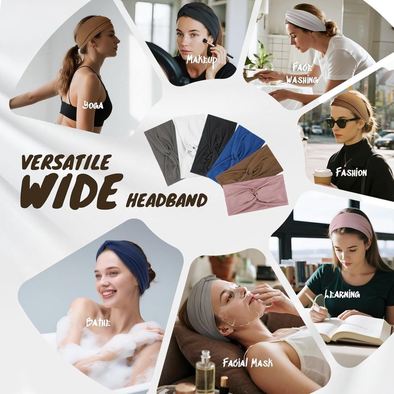 HSEM Headbands for Women - Non-Slip Wide Elastic Hair Bands | Soft Stretchy Cotton Turban Set (6 Pcs)